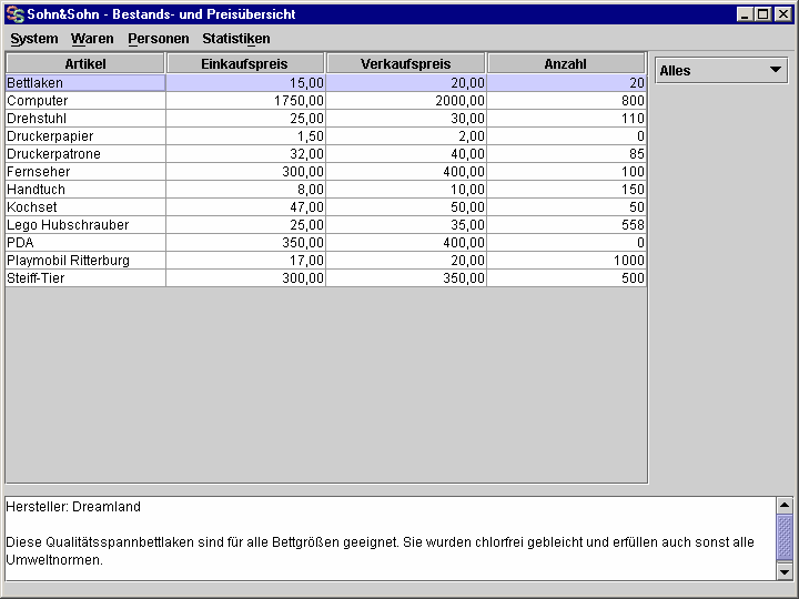 Der Bestands- und Preisübersicht-Bildschirm