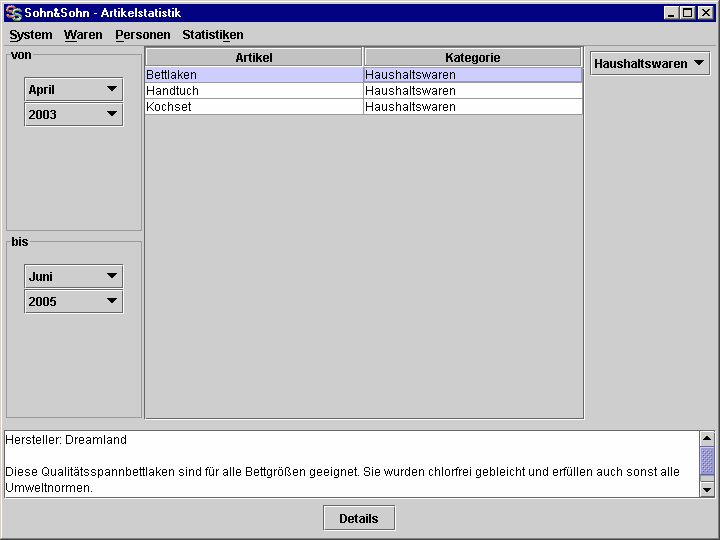 Der Artikelstatistik-Auswahlbildschirm