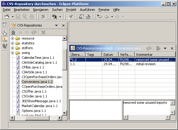 Eclipse CVS Ressourcenprotokoll