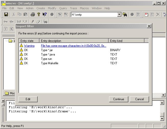 WinCVS - Fehlerdialog beim Import von Dateien